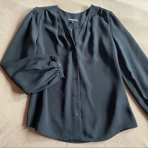 Express Long Sleeve Button Down Flowy Blouse - Black, Size XS